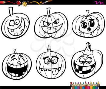 Black and White Cartoon Illustration Jacks Lanterns or Halloween Pumpkins Characters Set for Coloring Book