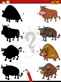 Cartoon Illustration of Education Shadow Test for Preschool Children with Bulls Farm Animal Characters