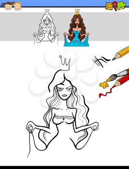 Cartoon Illustration of Drawing and Coloring Educational Task for Preschool Children with Beautiful Princess or Queen Fantasy Character