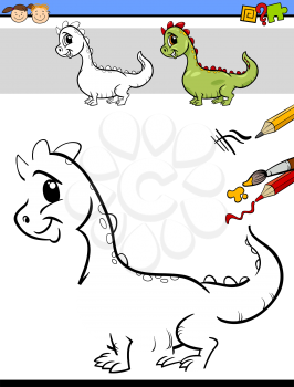 Cartoon Illustration of Drawing and Coloring Educational Task for Preschool Children with Dragon Fantasy Character