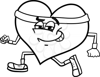 Black and White Cartoon Illustration of Heart Character Doing Jogging on Valentine Day for Coloring Book
