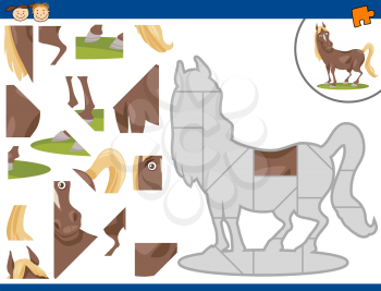Cartoon Illustration of Educational Jigsaw Puzzle Task for Preschool Children with Farm Horse Animal Character