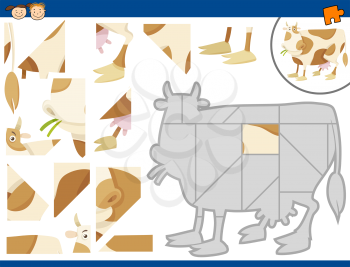 Cartoon Illustration of Educational Jigsaw Puzzle Task for Preschool Children with Farm Cow Animal Character