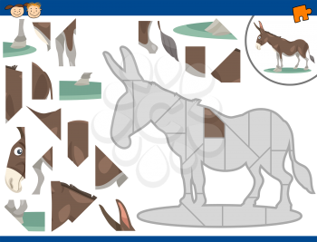 Cartoon Illustration of Educational Jigsaw Puzzle Task for Preschool Children with Donkey Animal Character