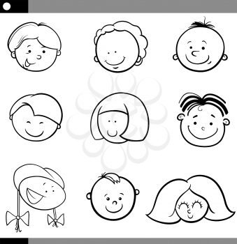 Black and White Cartoon Illustration of Cute Children Faces Set 
