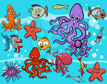 Cartoon Illustrations of Funny Sea Life Animals and Fish Characters Group