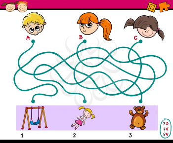 Cartoon Illustration of Educational Paths or Maze Puzzle Task for Preschoolers with Children and Toys
