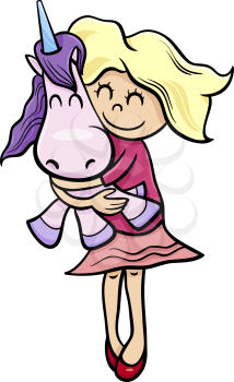 Cartoon Illustration of Cute Little Girl with Cuddly Toy Unicorn