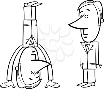 Black and White Concept Cartoon Illustration of Businessman Standing on his Head
