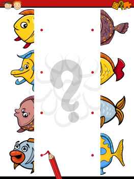 Cartoon Illustration of Kindergarten Educational Join Halves Task for Children with Fish Characters