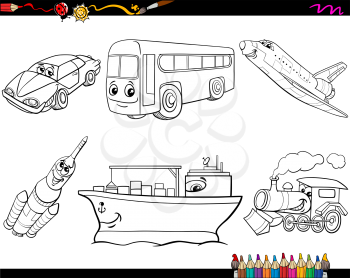 Black and White Cartoon Illustration of Vehicle Characters Set for Coloring Book