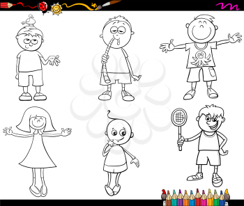 Black and White Cartoon Illustration of Cute Kids Set for Coloring Book