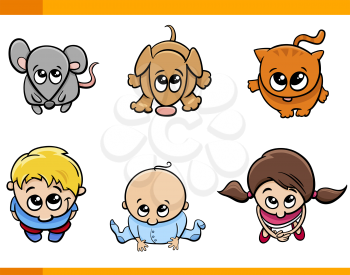 Cartoon Illustration of Cute Kids and Pets Characters Set