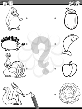 Black and White Cartoon Illustration of Education Picture Matching Game for Preschool Children with Animals and their Favorite Food for Coloring Book