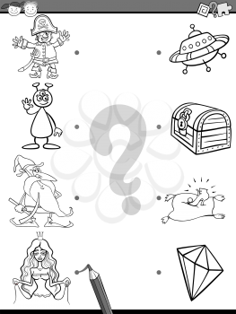 Black and White Cartoon Illustration of Education Element Matching Game for Preschool Children with Fantasy Characters Coloring Book