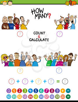 Cartoon Illustration of Educational Mathematical Count and Addition Task for Preschool Children with People Characters