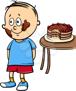 Cartoon Illustration of Little Gourmand Boy and Chocolate Cake