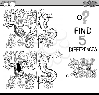 Black and White Cartoon Illustration of Finding Differences Educational Task for Preschool Children with Caterpillar Insect Character for Coloring Book