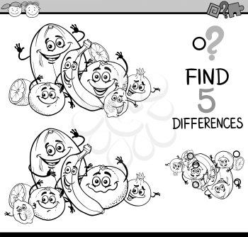 Black and White Cartoon Illustration of Finding Differences Educational Task for Preschool Children with Citrus Fruit Characters for Coloring Book