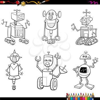 Coloring Book Cartoon Illustration of Fantasy Robot Characters Set