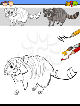 Cartoon Illustration of Finishing Drawing and Coloring Educational Task for Preschool Children with Raccoon Animal Character
