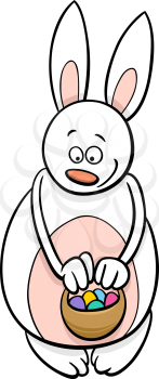 Cartoon Illustration of White Easter Bunny Character with Basket of Colored Eggs