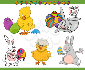 Cartoon Illustration of Easter Bunnies and Chicks Holiday Set
