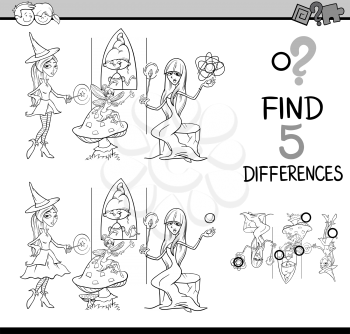 Black and White Cartoon Illustration of Finding Differences Educational Task for Preschool Children with Fantasy Characters for Coloring Book