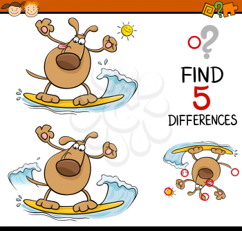Cartoon Illustration of Finding Differences Educational Task for Preschool Children with Surfing Dog