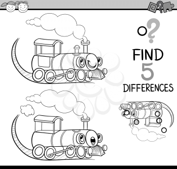Black and White Cartoon Illustration of Finding Differences Educational Task for Preschool Children with Train Engine Transport Character for Coloring Book