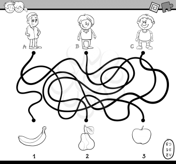 Black and White Cartoon Illustration of Education Paths or Maze Puzzle Task for Preschoolers with Children and Fruits Coloring Book