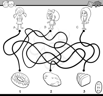 Black and White Cartoon Illustration of Educational Paths or Maze Puzzle Task for Preschoolers with Children and Sweets Coloring Book