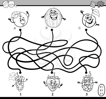 Black and White Cartoon Illustration of Educational Paths or Maze Puzzle Task for Preschool Children with Fruits Coloring Book