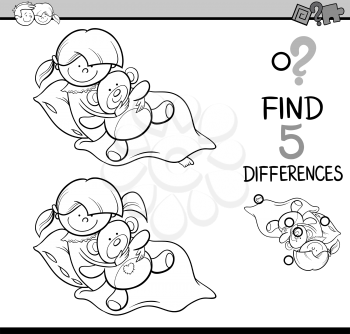 Black and White Cartoon Illustration of Finding Differences Educational Activity Task for Preschool Children with Girl and Teddy for Coloring Book