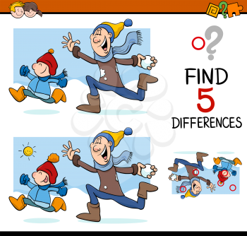 Cartoon Illustration of Finding Differences Educational Activity Task for Preschool Children with Winter Fun