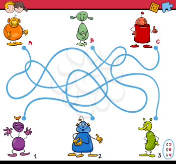 Cartoon Illustration of Educational Paths or Maze Puzzle Activity Task for Preschool Children with Funny Characters