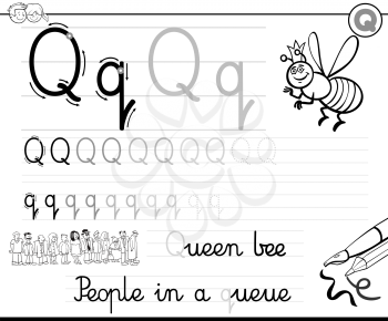 Black and White Cartoon Illustration of Writing Skills Practice with Letter Q Worksheet for Children Coloring Book