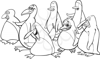 Black and White Cartoon Illustration of Penguins Birds Animal Characters Group Coloring Book
