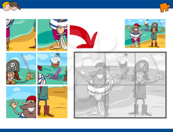 Cartoon Illustration of Educational Jigsaw Puzzle Activity for Preschool Children with Pirates Fantasy Characters