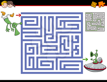 Cartoon Illustration of Education Maze or Labyrinth Activity Task for Children with Funny Alien Characters