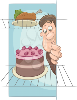 Cartoon Humorous Illustration of Hungry Man on Diet Looking into Fridge