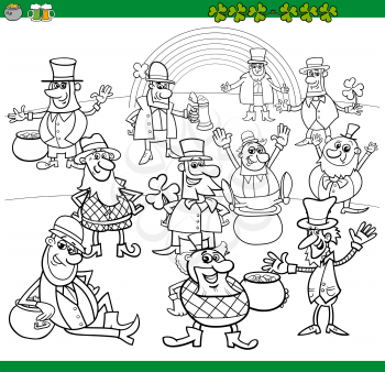 Black and White Cartoon Illustration of Leprechaun and Saint Patrick Day Characters Group with Rainbow and Clovers and Pot of Gold Coloring Book