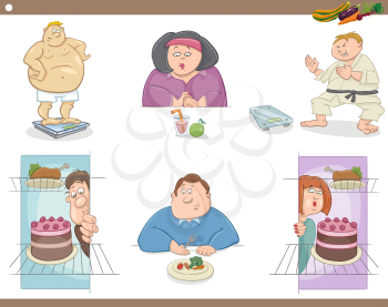 Cartoon Humorous Illustration of Overweight People Characters on Diet