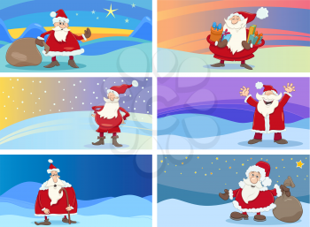 Cartoon Illustration of Christmas Greeting Cards Set with Santa Claus
