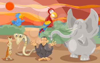Cartoon Illustration of Scene with Wild Animal Characters Group