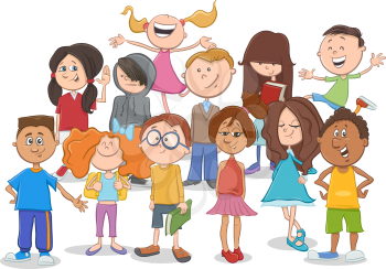 Cartoon Illustration of Elementary School Age Children or Teen Characters Group