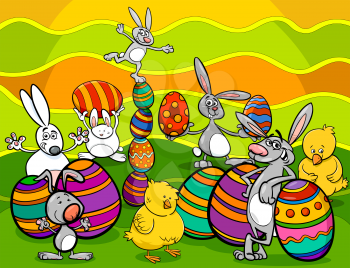 Cartoon Illustration of Happy Easter Bunny and Chick Characters with Eggs