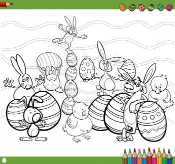 Black and White Cartoon Illustration of Happy Easter Bunny and Chick Characters with Eggs Coloring Book