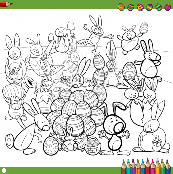 Black and White Cartoon Illustration of Happy Easter Bunny Characters with Eggs Coloring Book