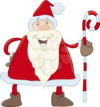Cartoon Illustration of Santa Claus with Cane on Christmas Time